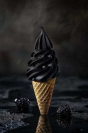 Creative black ice cream in cone on black background. Created by aiの写真素材