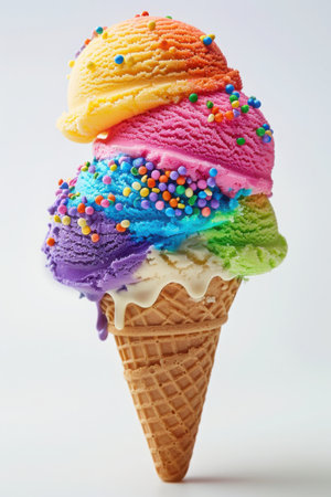 Closeup single rainbow ice cream cone isolated on white background. created by aiの写真素材