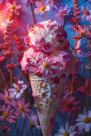 ice cream with flowers, neon background. created by aiの写真素材
