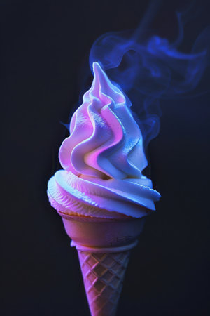 neon waffle with ice cream on a black background. created by aiの写真素材