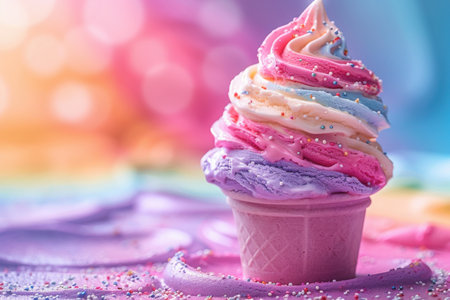 Magical, fantasy unicorn ice cream with rainbow colorful background. Created by ai