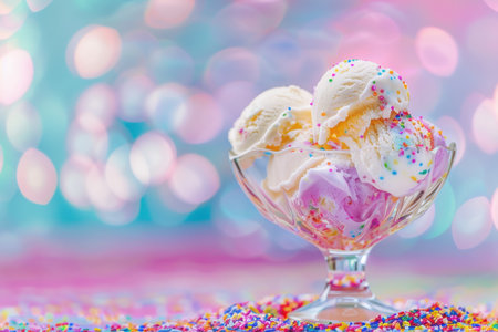 Magical, fantasy unicorn ice cream with rainbow colorful background. free copy space. sparkles in...