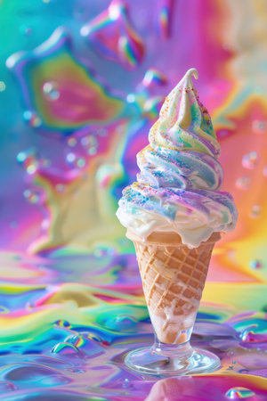 Magical, fantasy unicorn ice cream with rainbow colorful background. free copy space. Created by ai