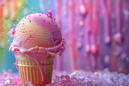 Magical, fantasy unicorn ice cream with rainbow colorful background. free copy space. Created by aiの写真素材
