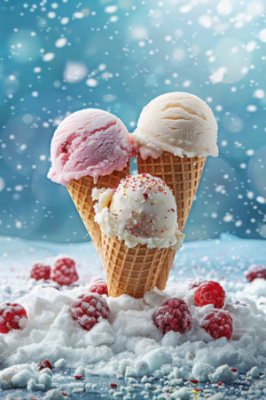 Creative ice cream with snow background. holiday mood. copy space. created by ai