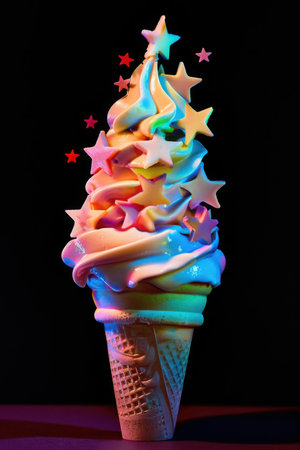 Magical, fantasy colorful ice cream with rainbow black background and stars. Created by ai