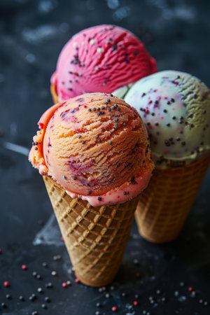 colorful ice cream on black background. colorful details. party mood. created by ai