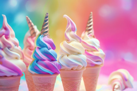 Magical, fantasy unicorn ice cream with rainbow colorful background. Created by aiの写真素材