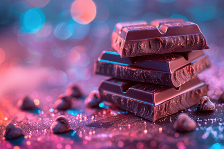 Creative chocolate bars. Neon background. Created by aiの写真素材
