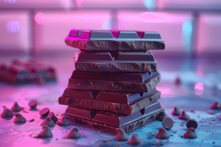 Creative chocolate bars. Neon background. Created by ai