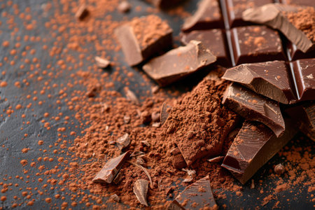 Composition with cocoa powder, chocolate, and cinnamon on a white background. Broken chocolate...
