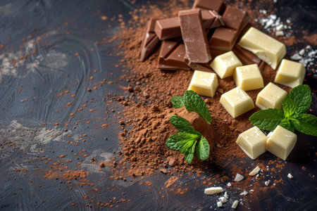 Composition with cocoa powder, chocolate, and cinnamon on a white background. Broken chocolate...