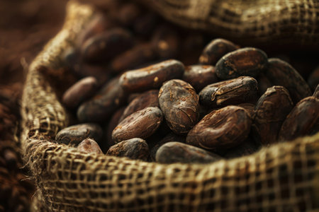Cocoa beans on close up on light surface baking concept. Created by ai