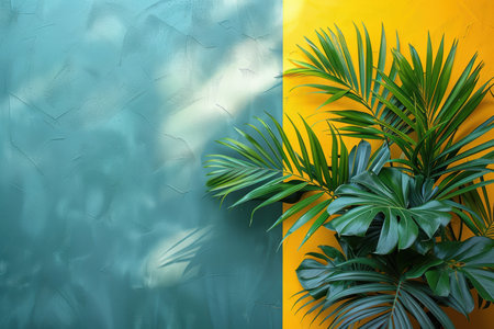 Colorful geometric background with a summer scene on it. poster. with a plant. Free copy space. Created by aiの写真素材