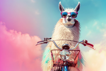 Creative tourism banner with llama on bicycle. Free copy space. Created by aiの写真素材