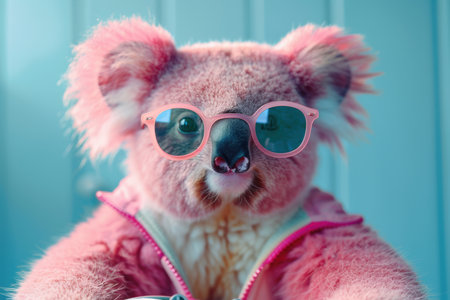 Creative realistic portrait of pink koala with sunglasses. Created by aiの写真素材
