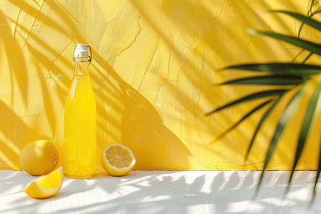 creative summer poster banner with plant, bottle and lemons. white and yellow colors. free space for text. Created by aiの写真素材