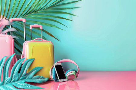 creative summer poster banner. with a suitcase. free space for text. created by ai