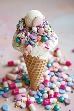 Colorful ice cream with pills. Created by ai