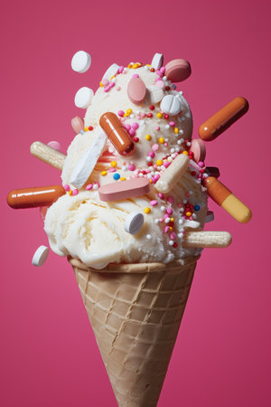 Colorful ice cream with pills. Created by ai