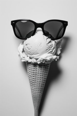 Summer creative concept with ice cream cone and sunglasses, copy space. summer vacation. Created by aiの写真素材