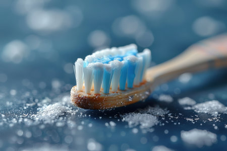 Organic bamboo toothbrush pattern composition on dark background. Minimal dental concept. Creative eco friendly. Created by aiの写真素材