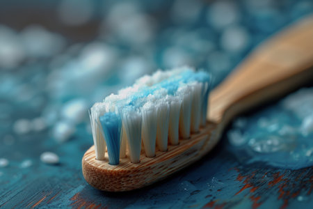 Organic bamboo toothbrush pattern composition on dark background. Minimal dental concept. Creative eco friendly. Created by aiの写真素材