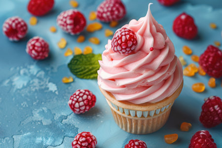 Front view of delicious cupcake with berries. Created by ai