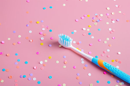 Creative Colorful Children's Toothbrushes on colorful Background. Free copy space. Created by aiの写真素材