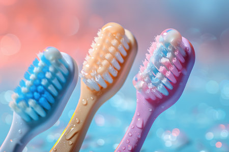 Creative Colorful Children's Toothbrushes on colorful Background. Free copy space. Created by aiの写真素材