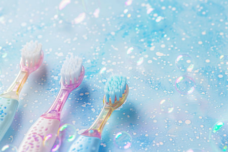 Creative Colorful Children's Toothbrushes on colorful Background. Created by aiの写真素材