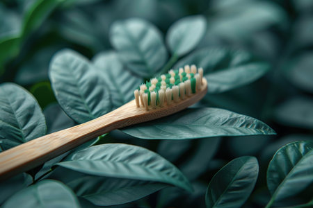 Organic bamboo toothbrush pattern composition on dark background. Minimal dental concept. Creative eco friendly. Created by aiの写真素材