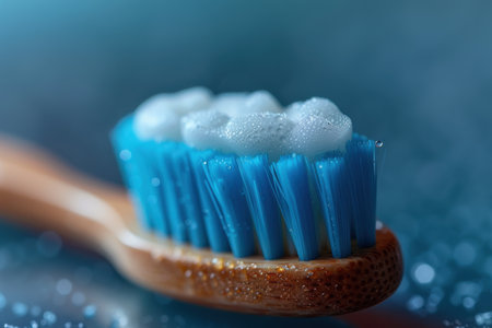 Organic bamboo toothbrush pattern composition on dark background. Minimal dental concept. Creative eco friendly. Created by aiの写真素材