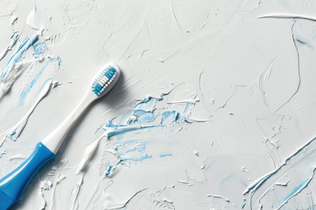 Creative colorful dental care tools on blue background, paste dabs, top view. Created by ai
