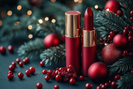 group of cosmetics products. Empty pink tubes for cosmetics. Christmas, winter presentation. Top view. Created by aiの写真素材