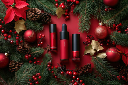 group of cosmetics products. Empty pink tubes for cosmetics. Christmas, winter presentation. Top view. Created by aiの写真素材