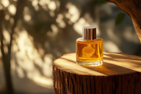 Clean packaging of gold cosmetics. Gold oil. Natural background. Free copy space. Created by ai