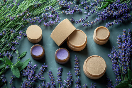 Clean purple packaging of ecology cosmetics. Lavender. Nature background. Created by ai