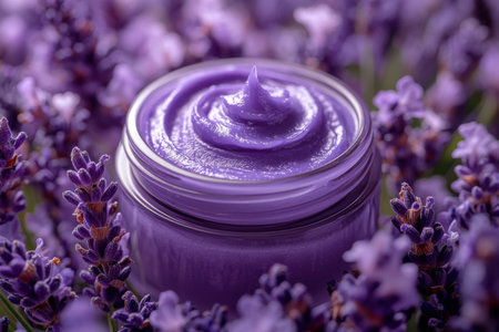 Clean purple packaging of ecology cosmetics. Lavender. Nature background. Created by aiの写真素材
