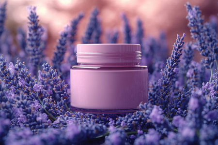 Clean purple packaging of ecology cosmetics. Lavender. Nature background. Created by aiの写真素材