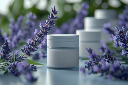 Clean purple packaging of ecology cosmetics. Lavender. Nature background. Created by aiの写真素材