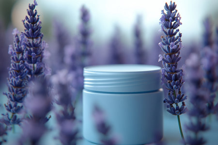 Clean purple packaging of ecology cosmetics. Lavender. Nature background. Created by aiの写真素材