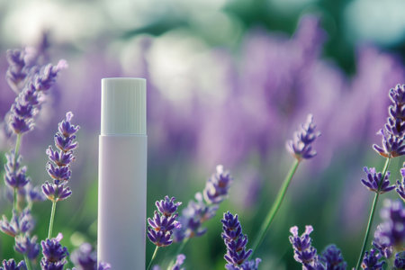 Clean purple packaging of ecology cosmetics. Lavender. Nature background. Created by aiの写真素材