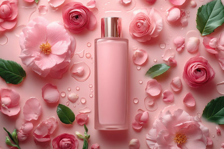 Gift cosmetics for Valentine's Day or mothers day. Flowers. Body and hair care, mockup concept. clean packaging of ecology cosmetics. Created by ai.の写真素材