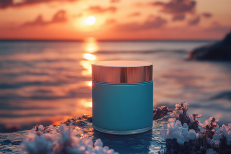 Bottle of ecology cosmetics in waves of water, Ocean background. Free copy space. Created by aiの写真素材