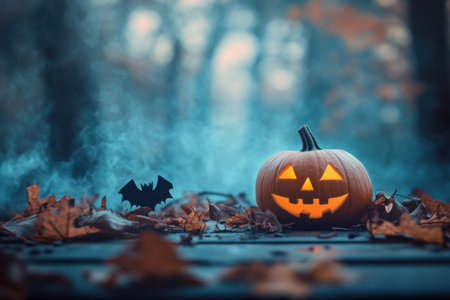 Scary pumpkin with face. Free copy space, autumn card.