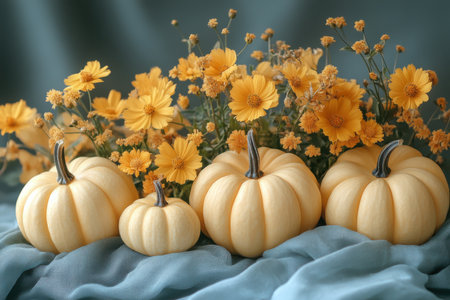 aesthetic autumn composition with pumpkins and flowers.の写真素材