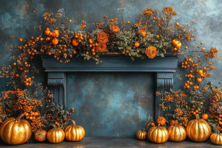 aesthetic autumn composition in the interior with pumpkins and flowers.の写真素材