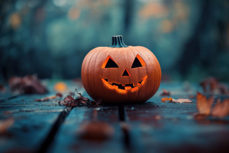 Scary pumpkin with face. autumn card.の写真素材