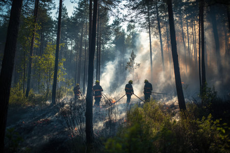 firefighters in the forest. a lot of smoke and fire. Created by aiの写真素材